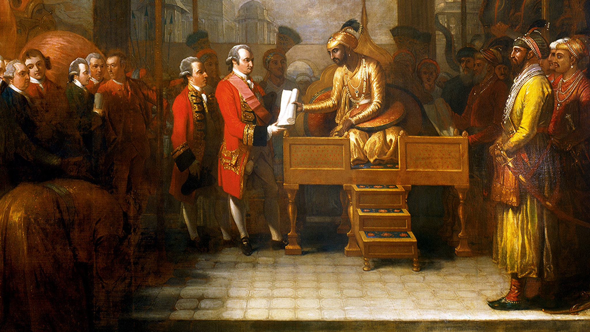 1547012 Shah 'Alam conveying the grant of the Diwani to Lord Clive, August 1765 (oil on canvas) by West, Benjamin (1738-1820); British Library, London, UK; (add.info.: Major-General Robert Clive, 1st Baron Clive, KB MP FRS (25 September 1725 – 22 November 1774), also known as Clive of India, was a British officer and soldier of fortune who established the military and political supremacy of the East India Company in Bengal. He is credited with securing India, and the wealth that followed, for the British crown. Together with Warren Hastings he was one of the key early figures in the creation of British India. He also sat in a rotten borough as a Tory Member of Parliament in Great Britain.); © British Library Board. All Rights Reserved; American,  out of copyright.PLEASE NOTE: Bridgeman Images works with the owner of this image to clear permission. If you wish to reproduce this image, please inform us so we can clear permission for you.