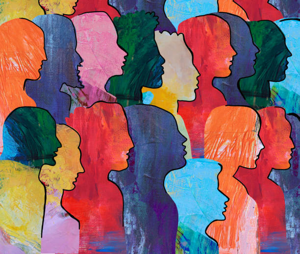 Large Group of diverse people profile view hand drawn.